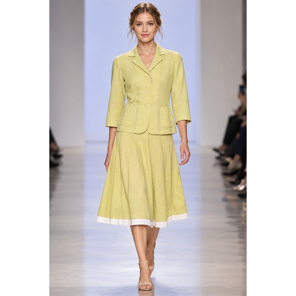 Max Studio Women Blazer Skirt Suit Set Size 4 Chartreuse Yellow Silk Linen Blend